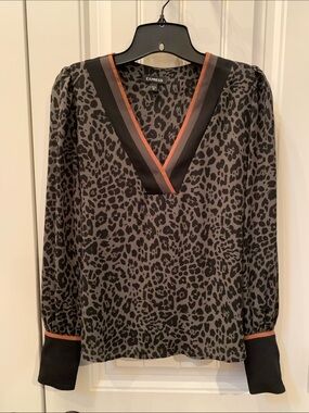 Express Black and Green Leopard V-Neck Blouse with Rust Trim